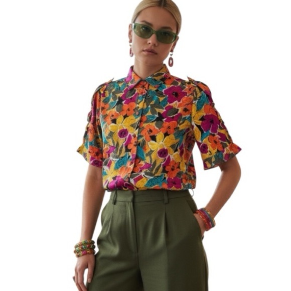 Oscar de la Renta Tops - Oscar de la Renta Large/XL Vibrant Floral Vintage Blouse Grannycore Office Wear